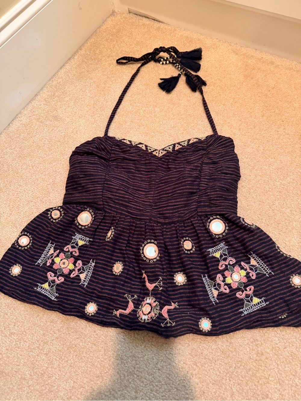 Free People Black Striped Halter Peplum Camisole with Pink & Cream Embroidery